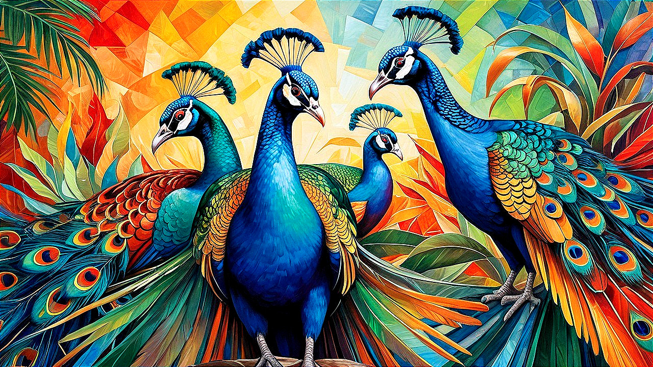 Vibrant Peacocks Displaying Colorful Plumage in Art