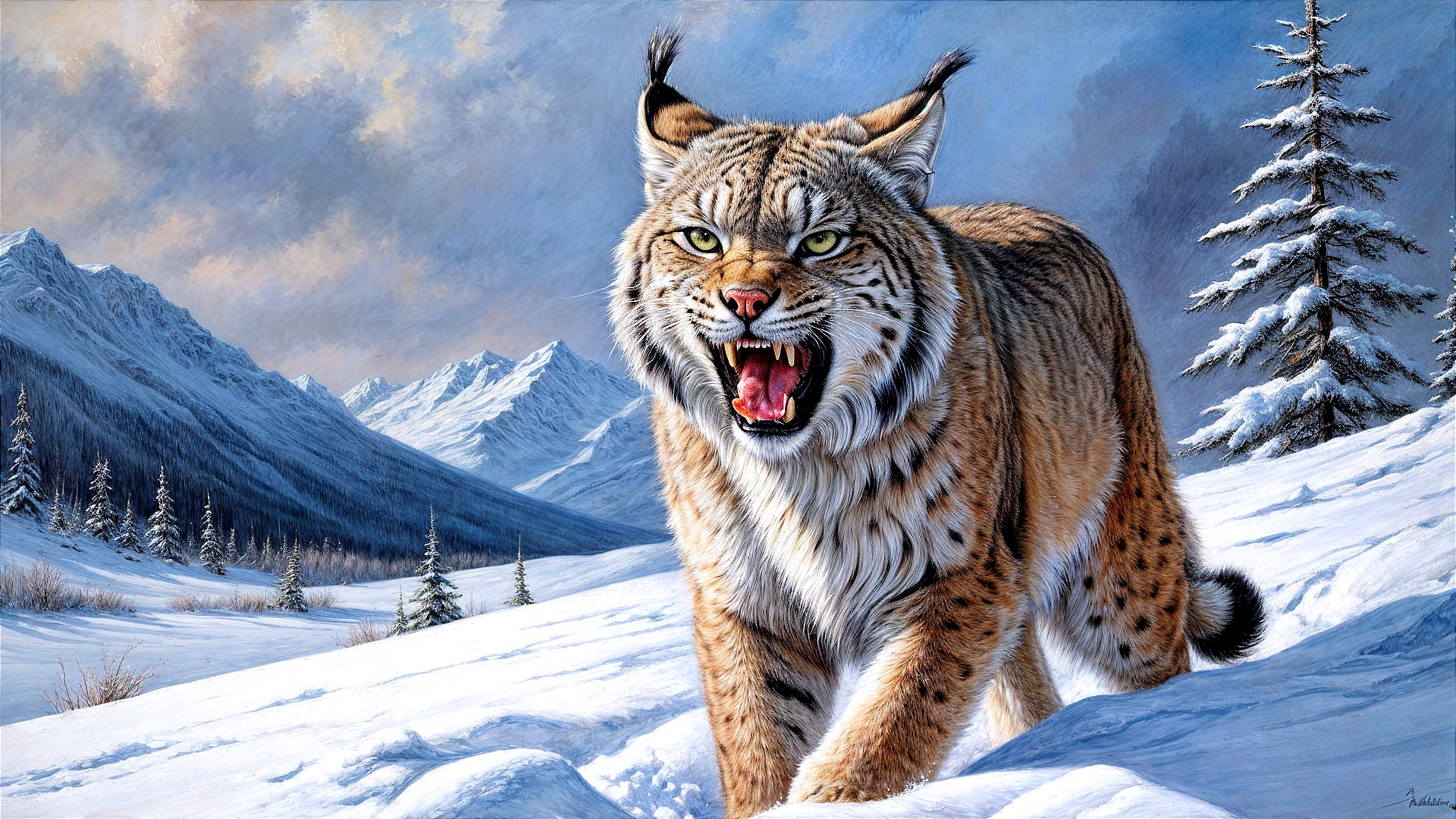 Lynx in Snowy Landscape with Mountains and Trees