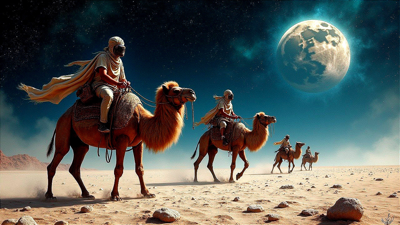 Desert Riders Under Moonlit Sky with Rock Formations