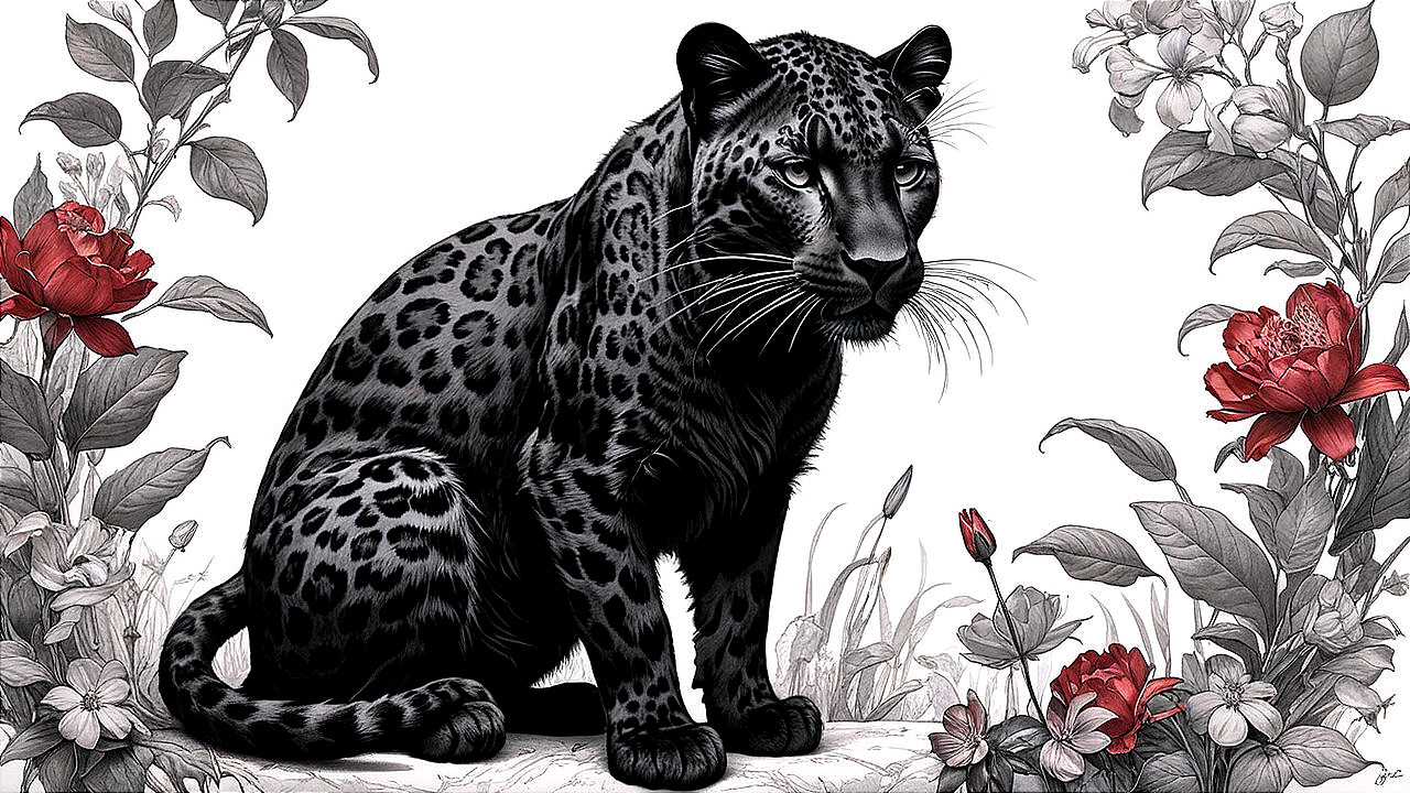 Black Leopard Among Red Flowers and Gray Foliage