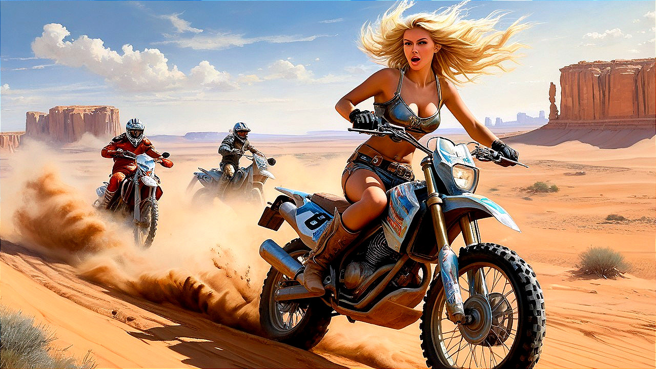 Motocross Riders in Desert Landscape with Red Rocks