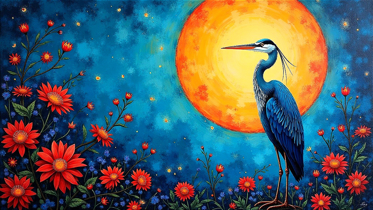 Heron Among Colorful Flowers Under a Golden Sun