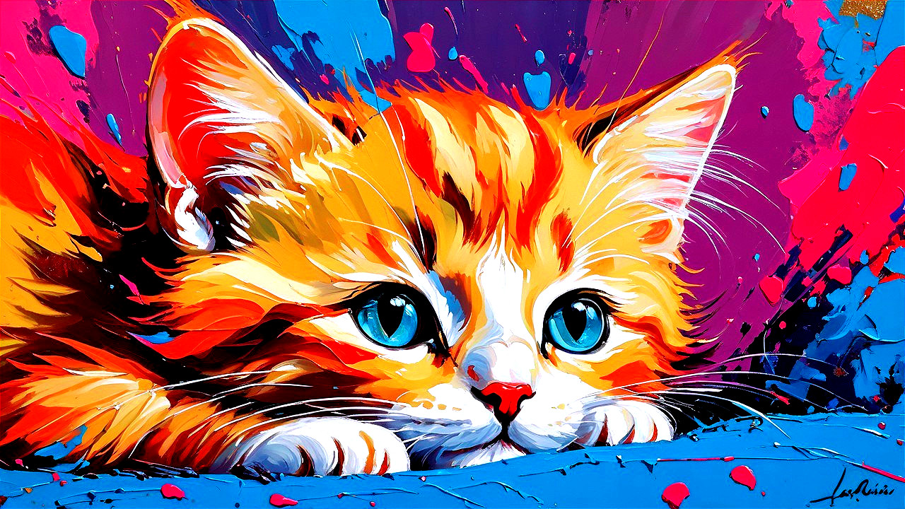 Vibrant Orange Tabby Cat with Blue Eyes in Colorful Setting