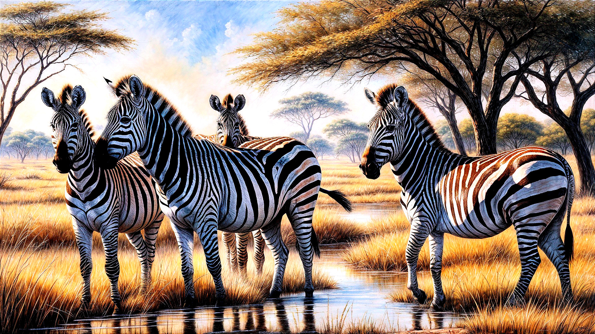 Serene African Landscape with Zebras by Water Source