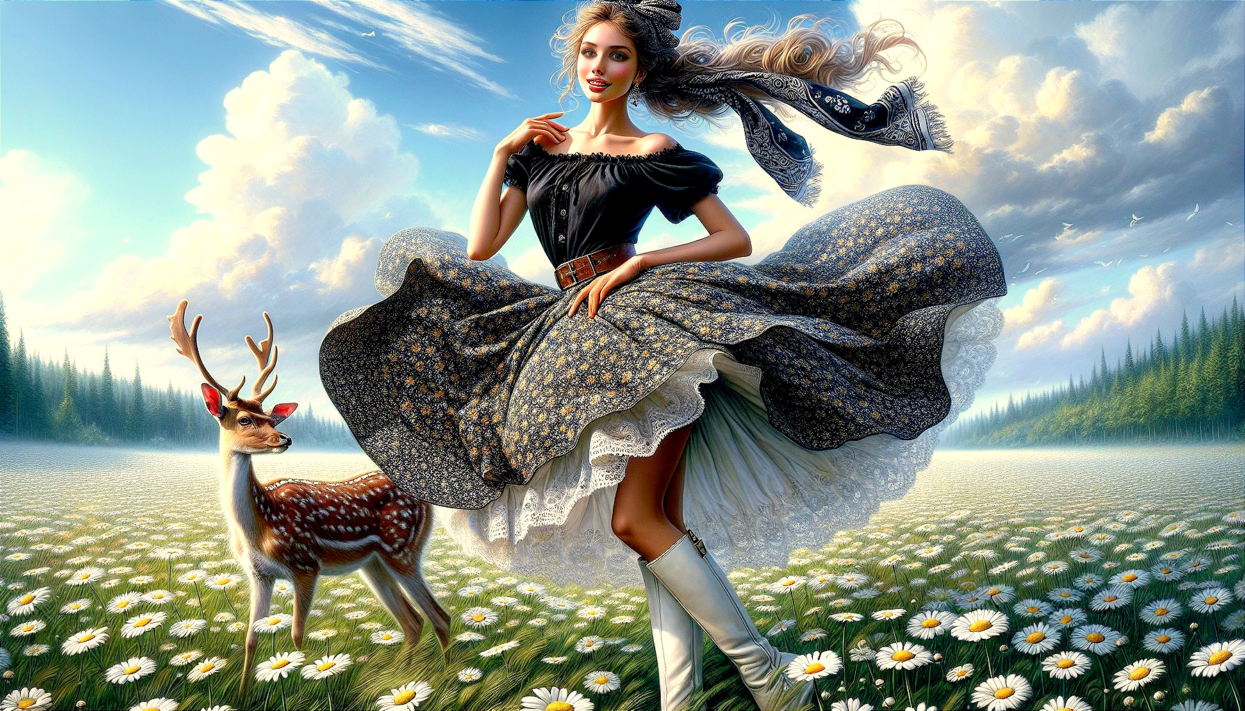 Young woman twirling in meadow with deer and daisies