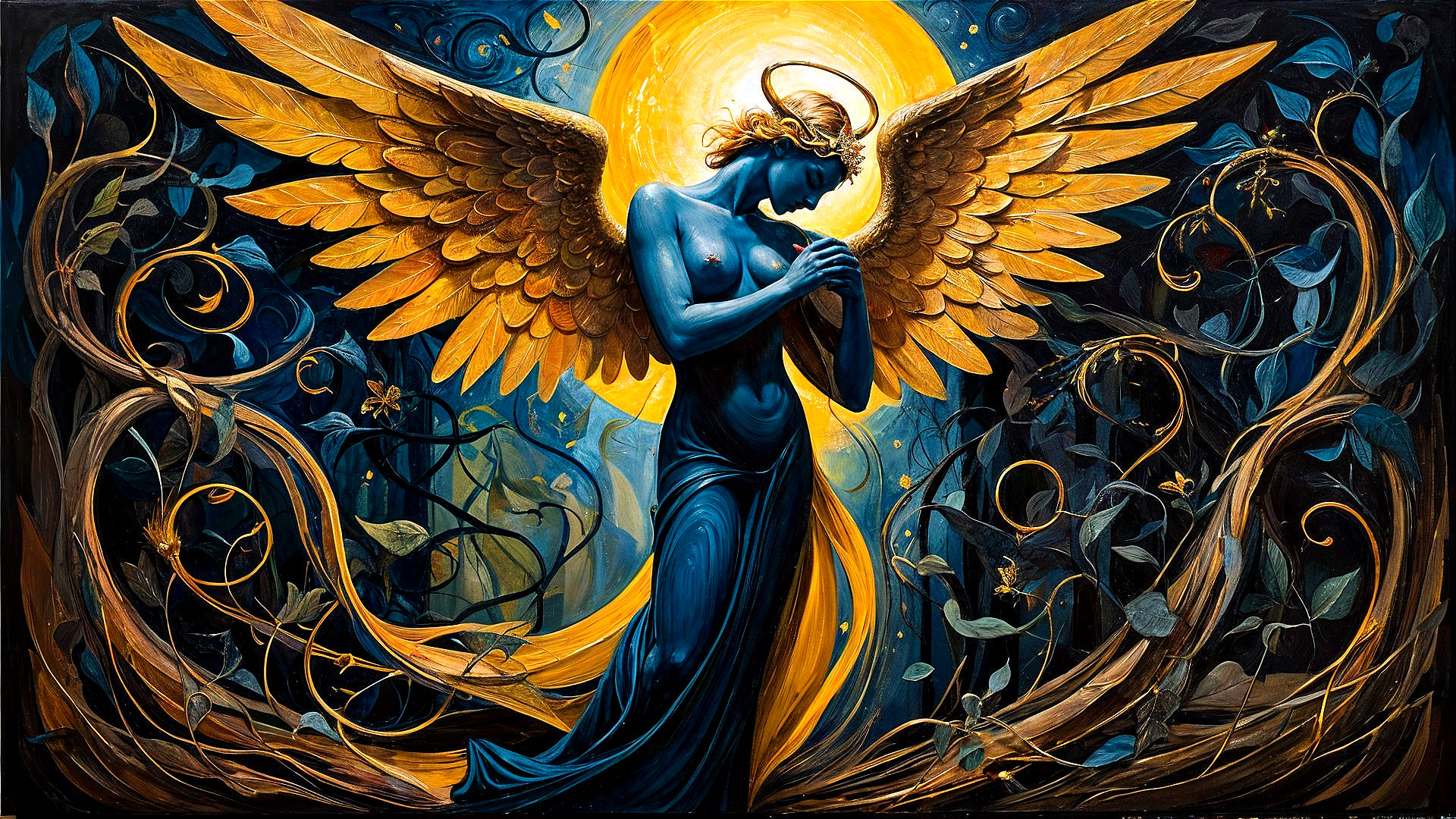 Ethereal Figure with Golden Wings and Floral Patterns