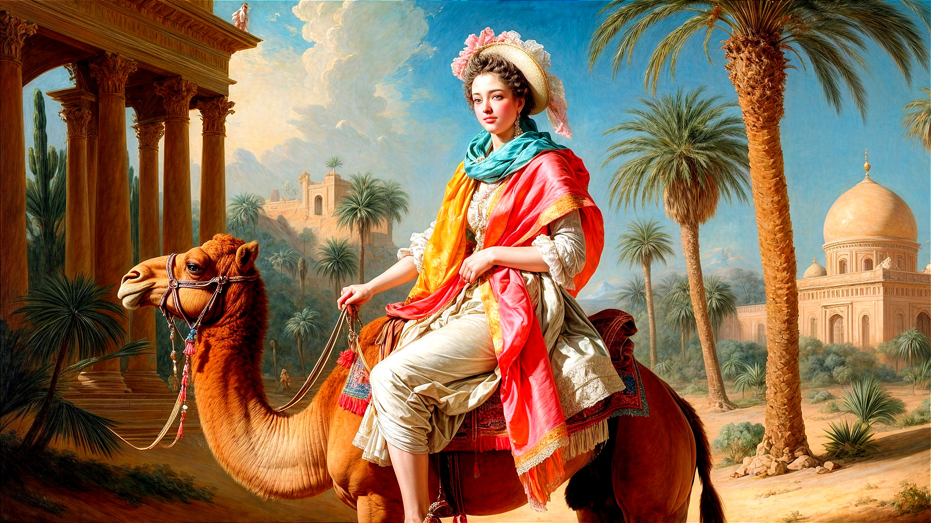 Young Woman on Camel in Vibrant Desert Landscape