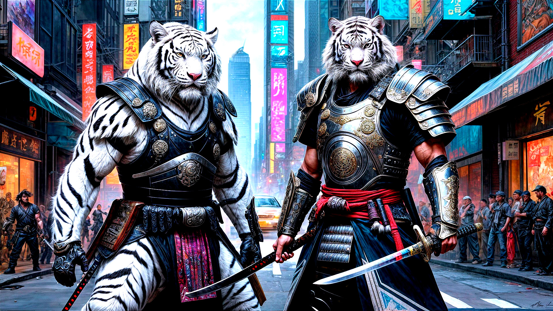 Neon City Warriors with Tiger Heads and Swords