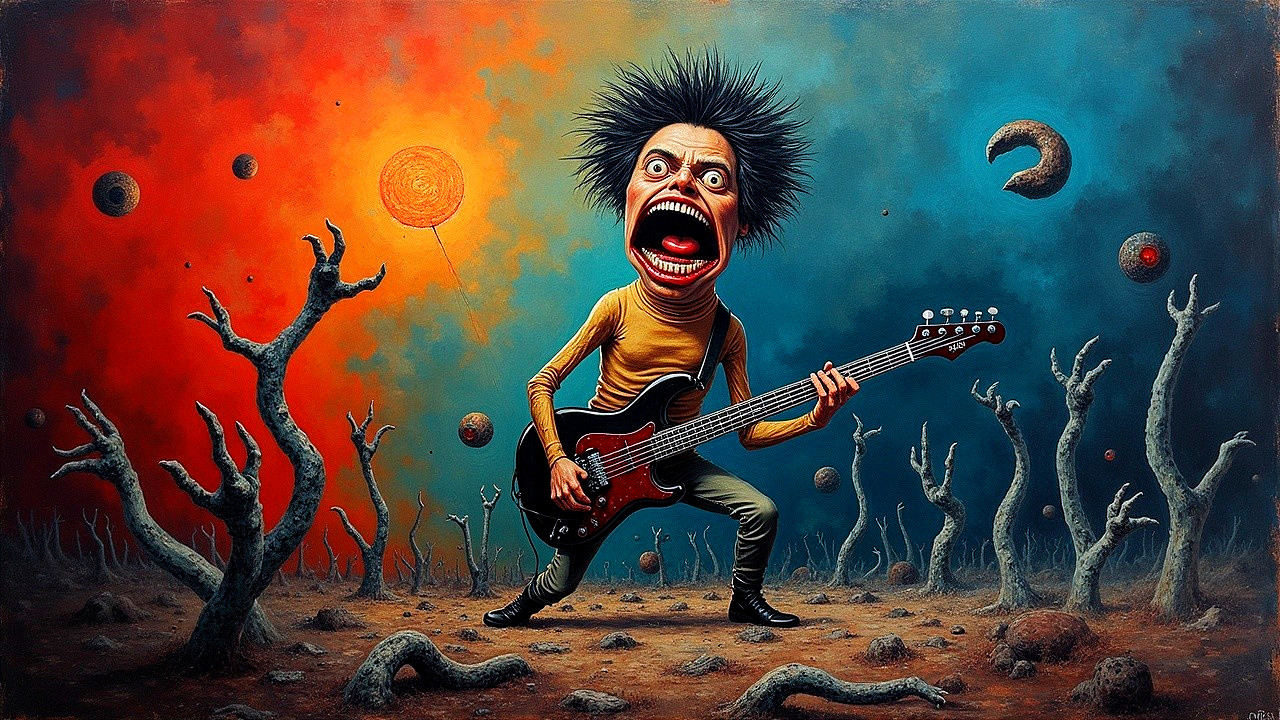 Surreal Scene of Guitarist in Barren Landscape