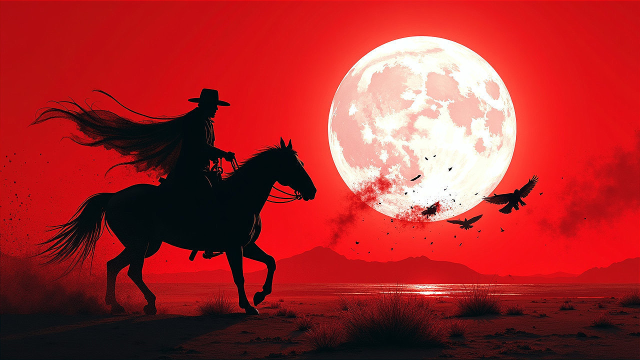 Silhouette of a Rider Against Red Sky and Moon
