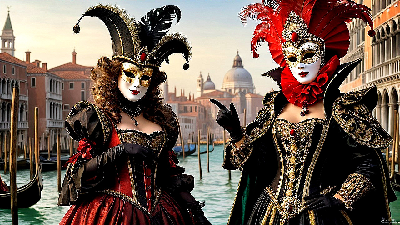 Elegant Masquerade Costumes in Venice Backdrop