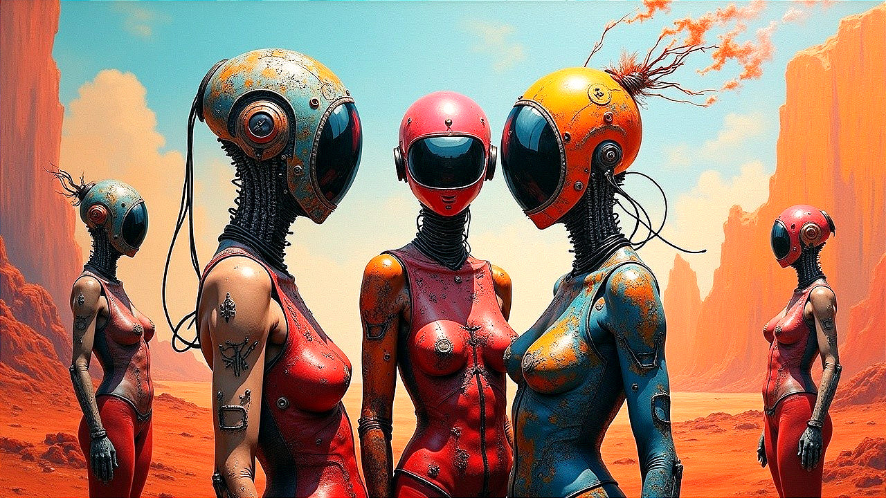 Futuristic Humanoid Figures in Alien Landscape