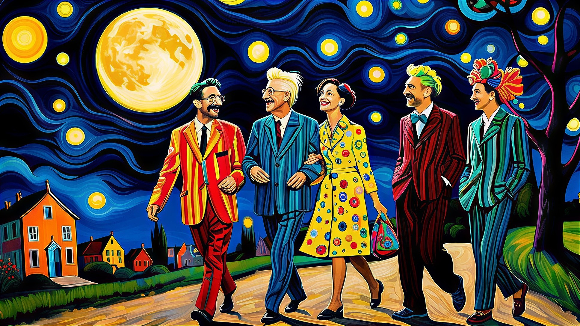 Impressionistic Night Scene with Five Well-Dressed Figures