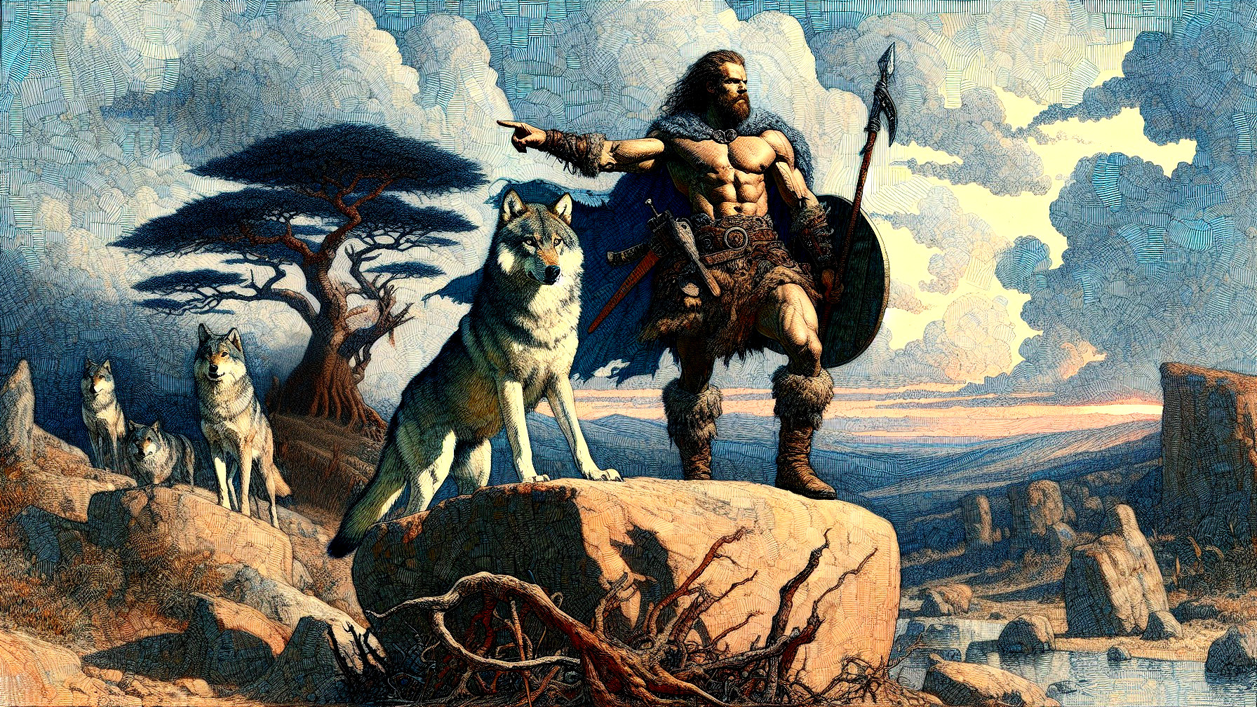 Muscular Warrior with Axe and Shield Beside a Wolf