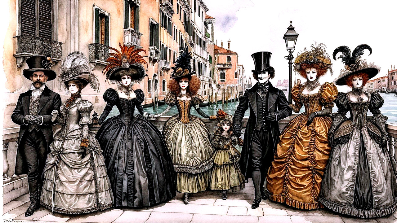 Elegant 19th-Century Attire in Venetian Setting