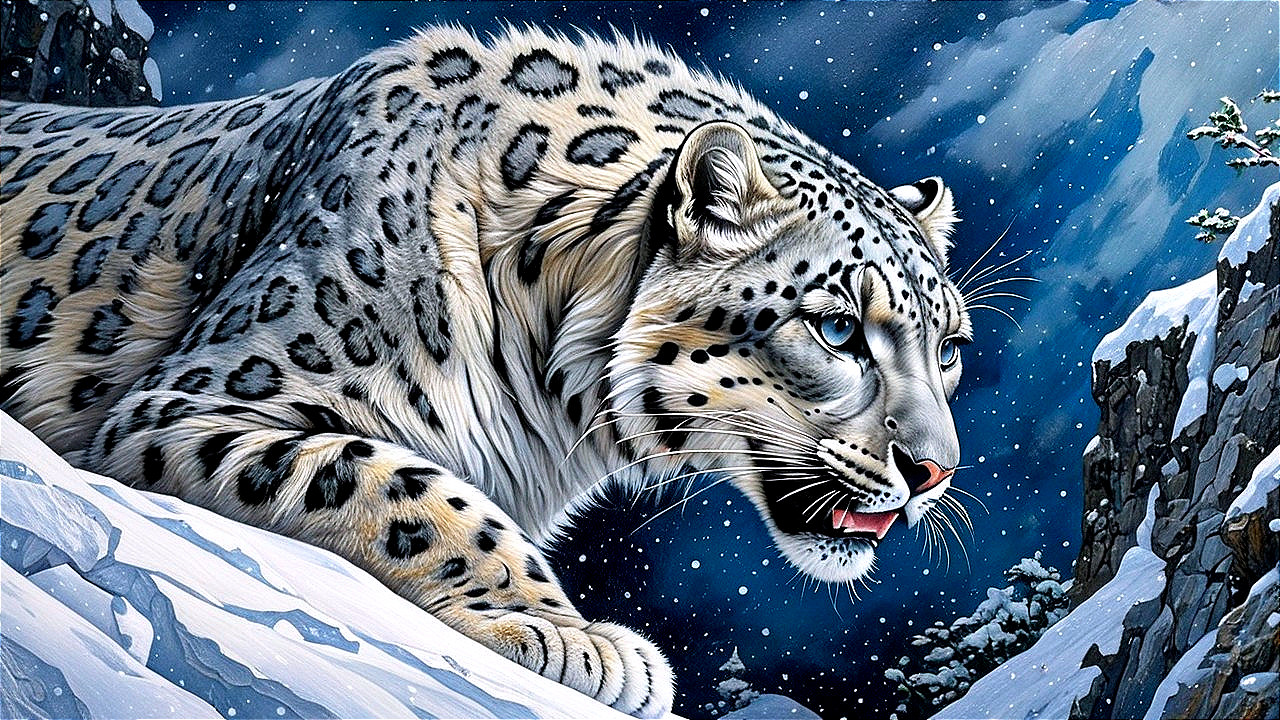 Snow Leopard in Serene Winter Landscape at Twilight