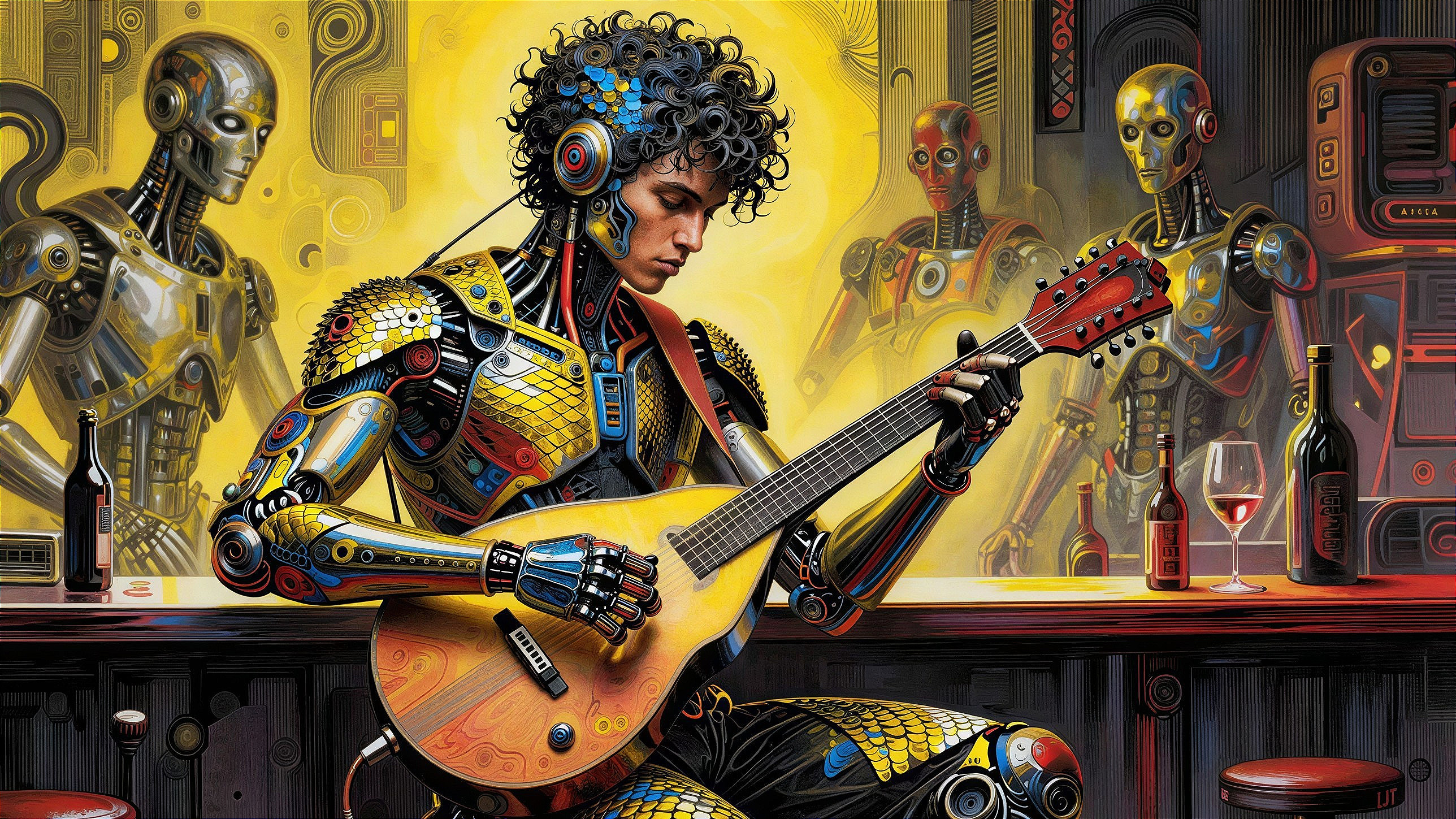 Cyberpunk Neo-expressionist Artwork of Cyborg Musician