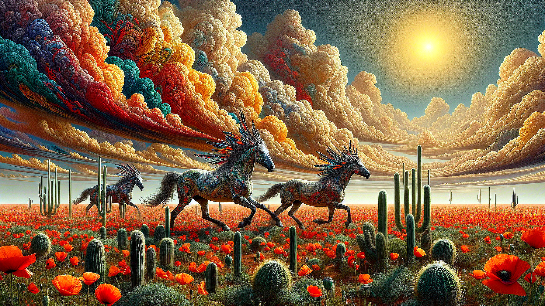 Horses Galloping Through Poppies and Cacti Landscape