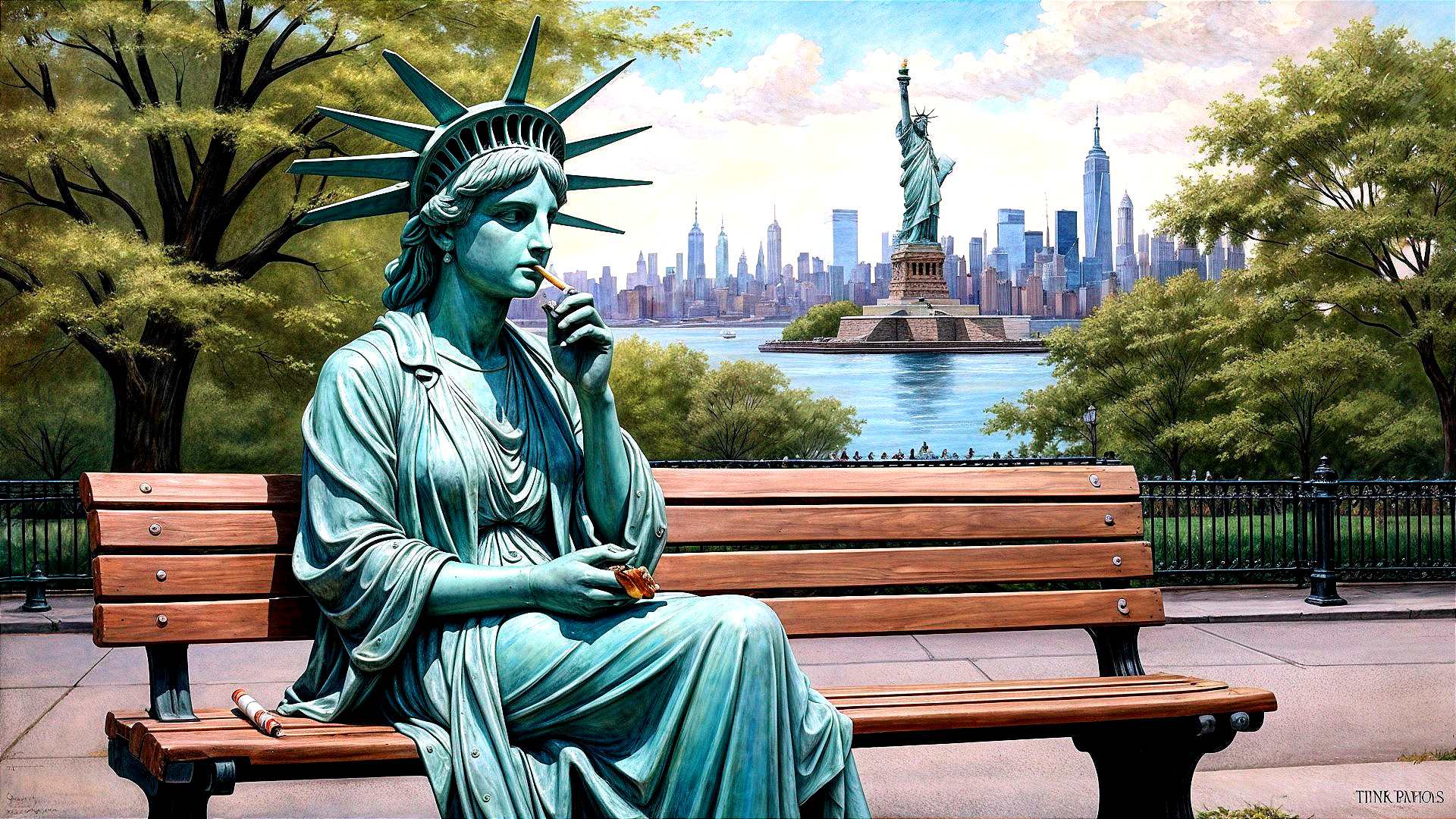 Statue of Liberty Sitting on Bench in New York Park