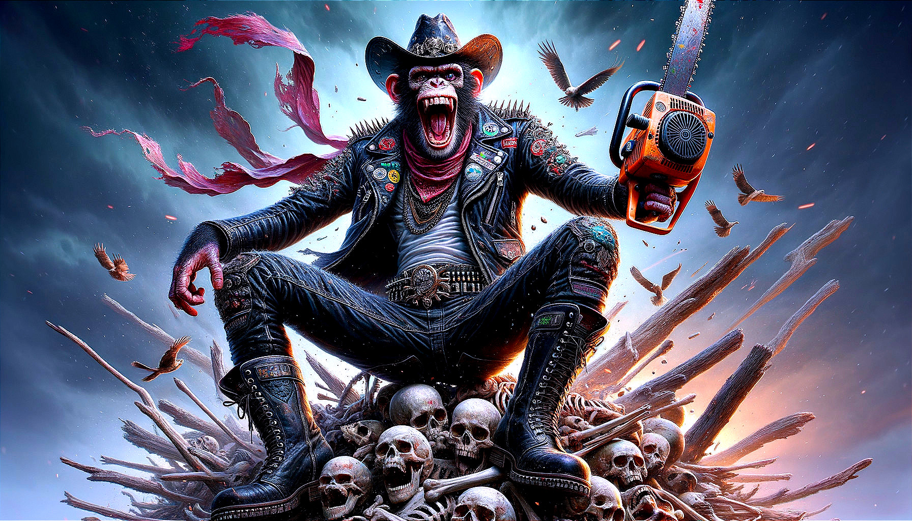 Anthropomorphic monkey with chainsaw on skull pile