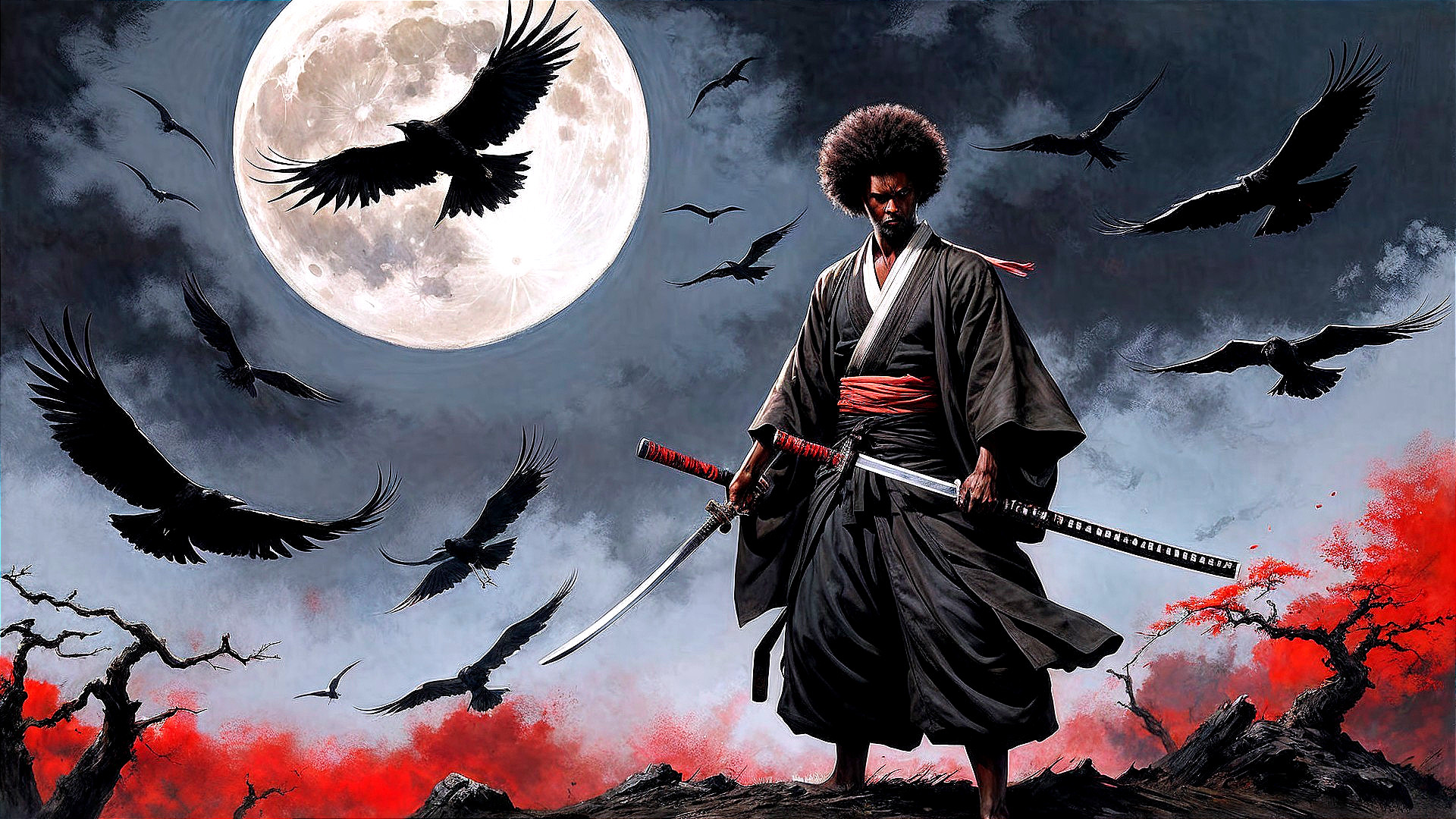Lone Samurai Warrior Under Full Moon and Dark Clouds