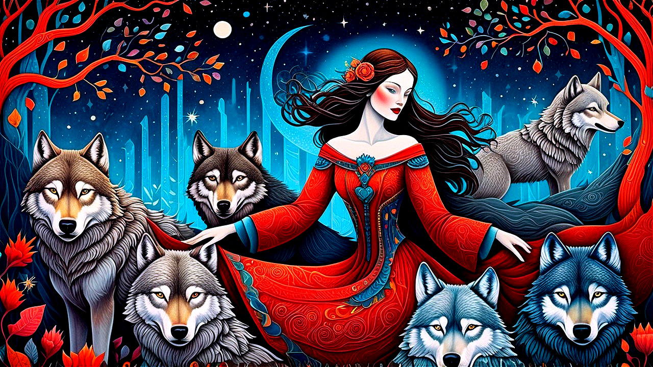 Mystical Scene of Woman in Red Gown with Wolves