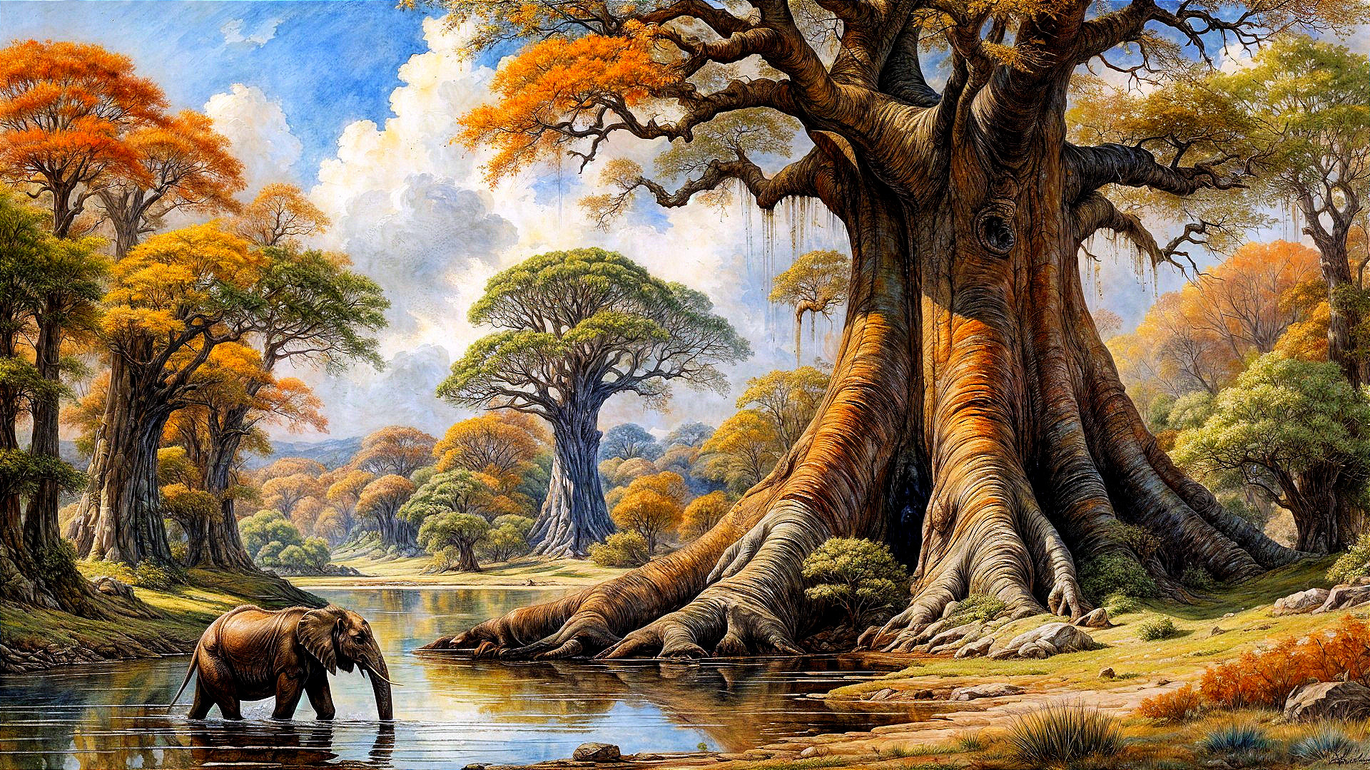Elephant in Tranquil River Amidst Autumn Landscape