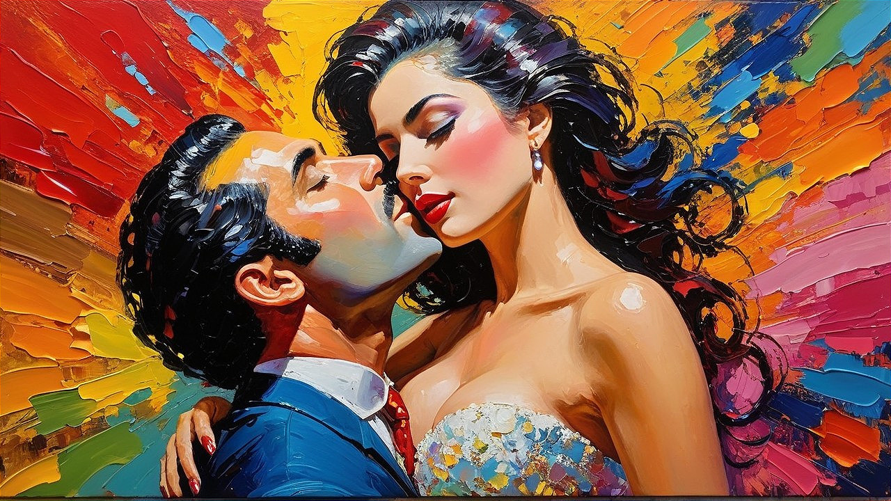 Romantic Couple in Vibrant Colorful Embrace