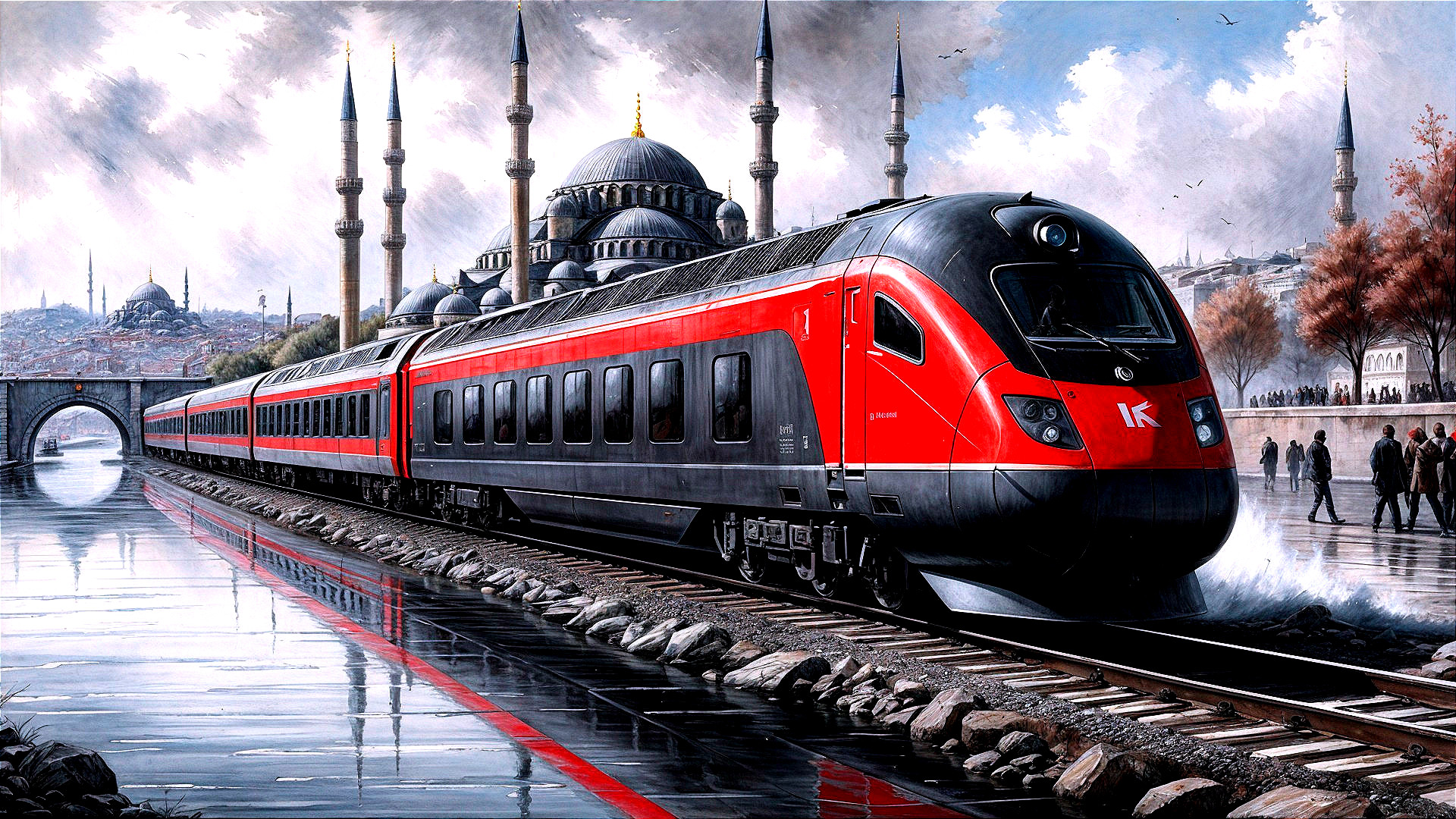 Red Train by Water with Historic Mosques Background