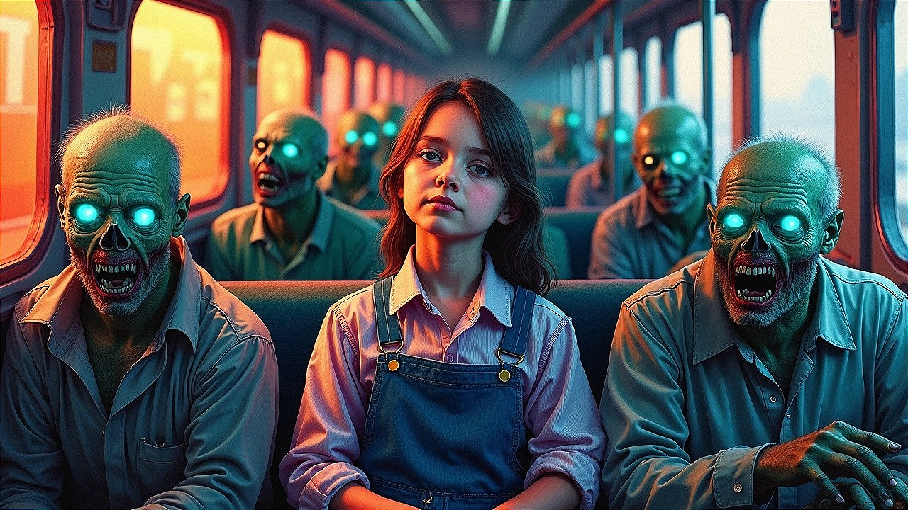 Young Girl Surrounded by Green-Skinned Zombies in Bus