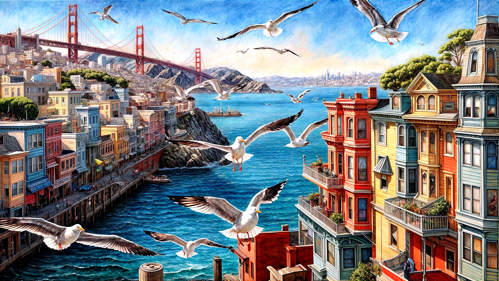 Coastal Scene with Victorian Houses and Golden Gate Bridge