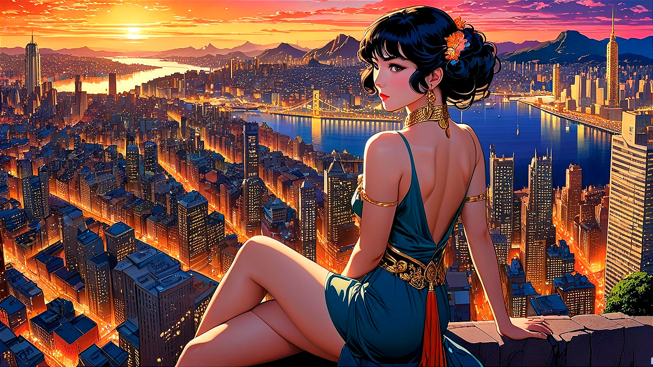 Elegant Woman in Green Dress Overlooks City Skyline