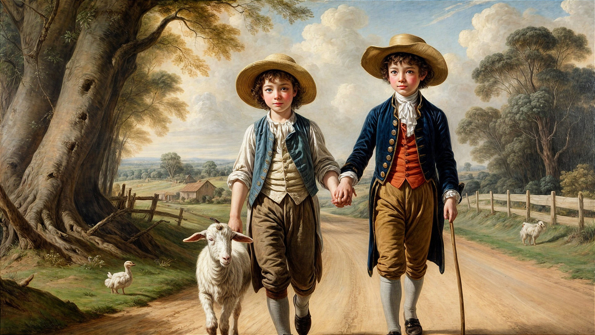 Boys in 18th-Century Attire Walking with Goat Outdoors