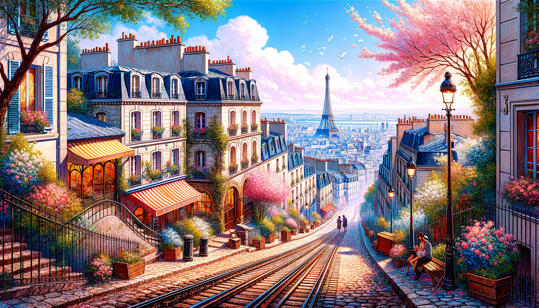 Charming Parisian Street with Eiffel Tower Background