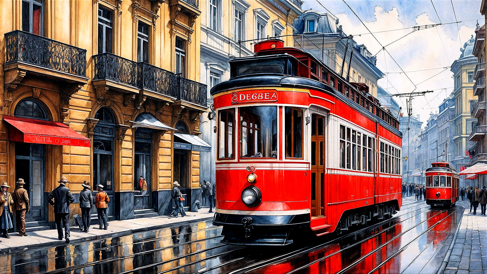 Vibrant City Street with Classic Trams and Vintage Style