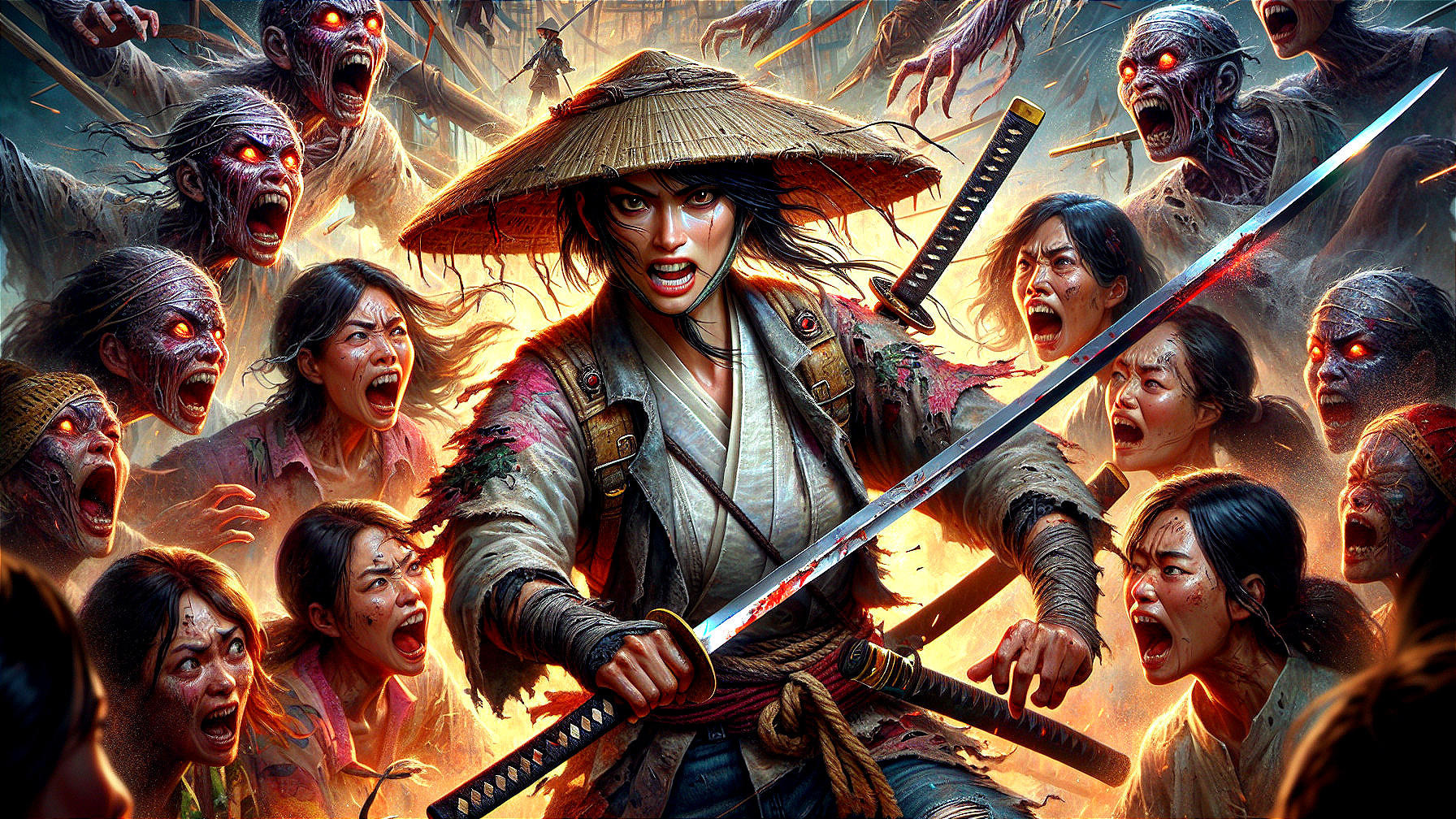 Warrior with Katana Amidst Undead Figures in Battle