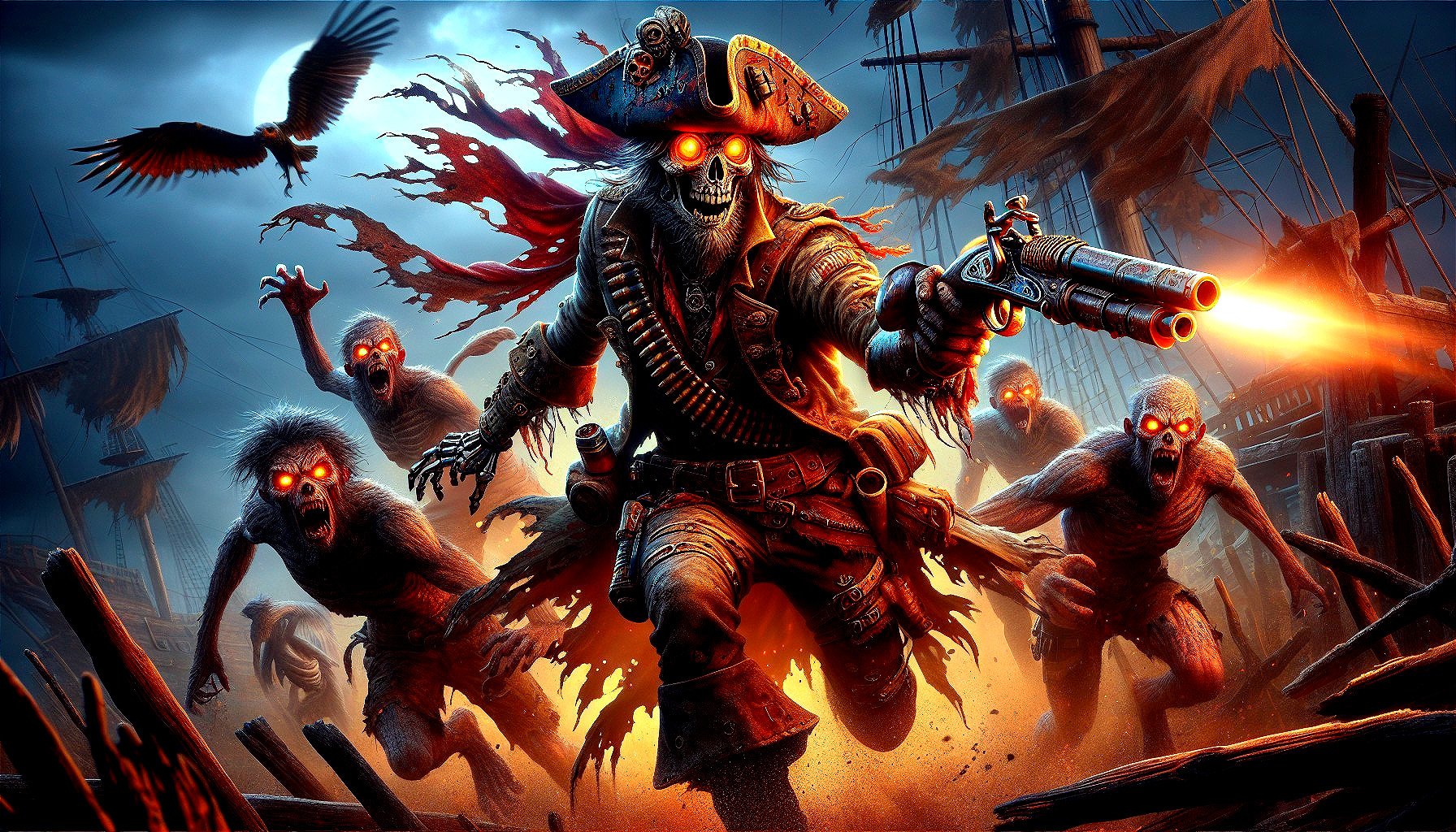 Skeletal Pirate with Glowing Pistol in Eerie Setting