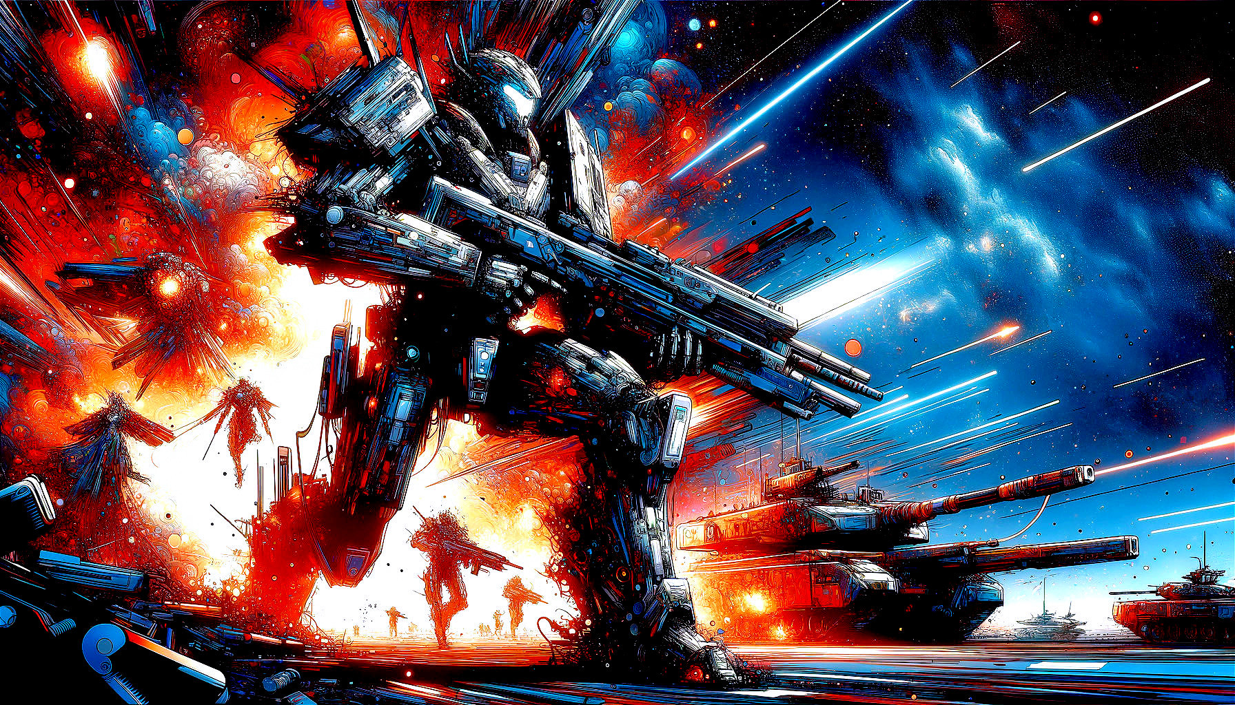 Armored Mech in Explosive Sci-Fi Battlefield Scene