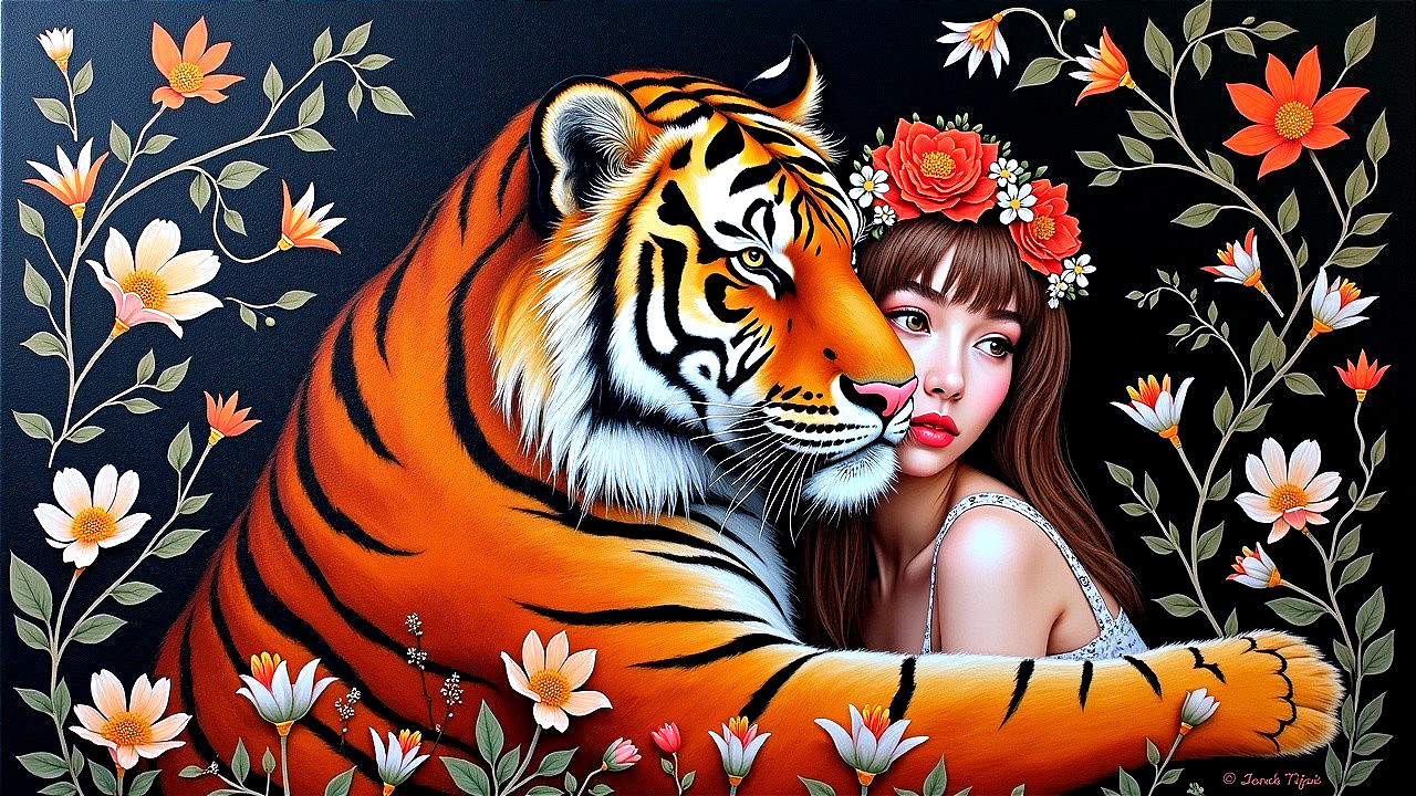 Serene Woman Embraced by Majestic Tiger and Flowers