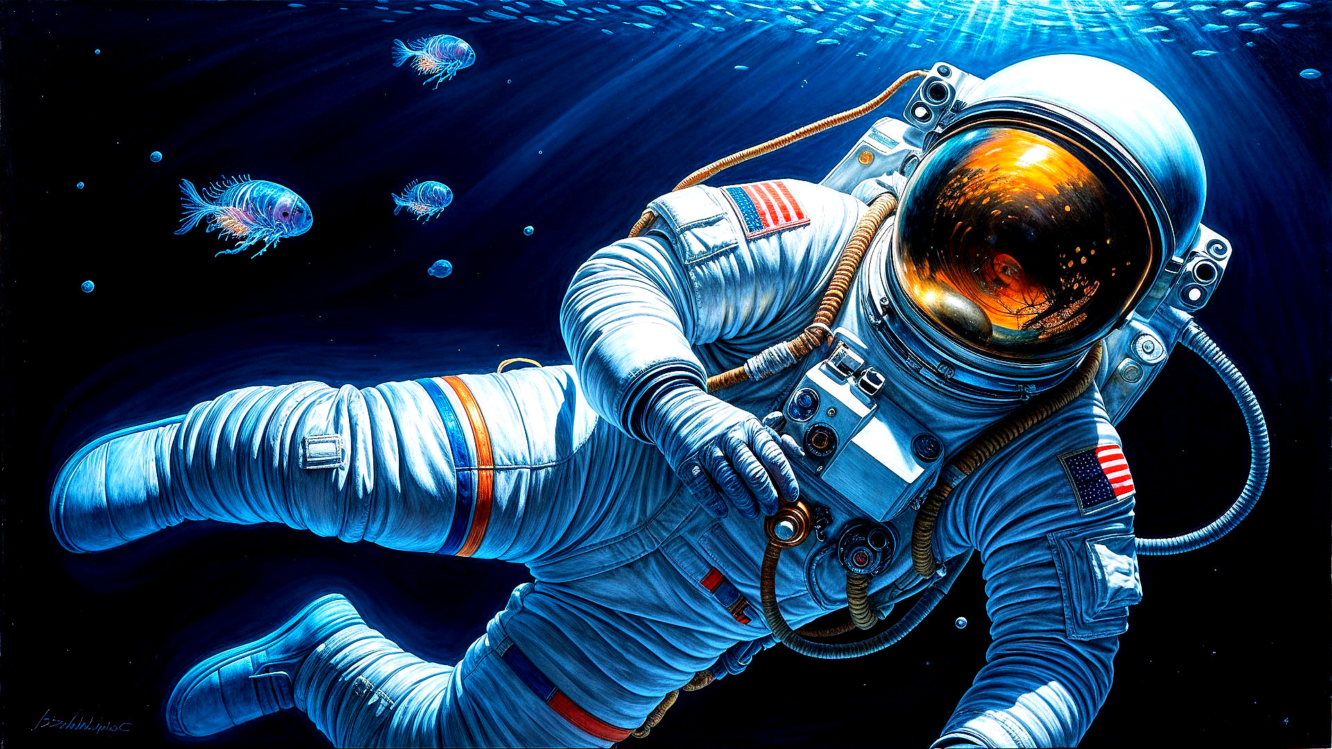 Astronaut Underwater with Fish and Bright Visor