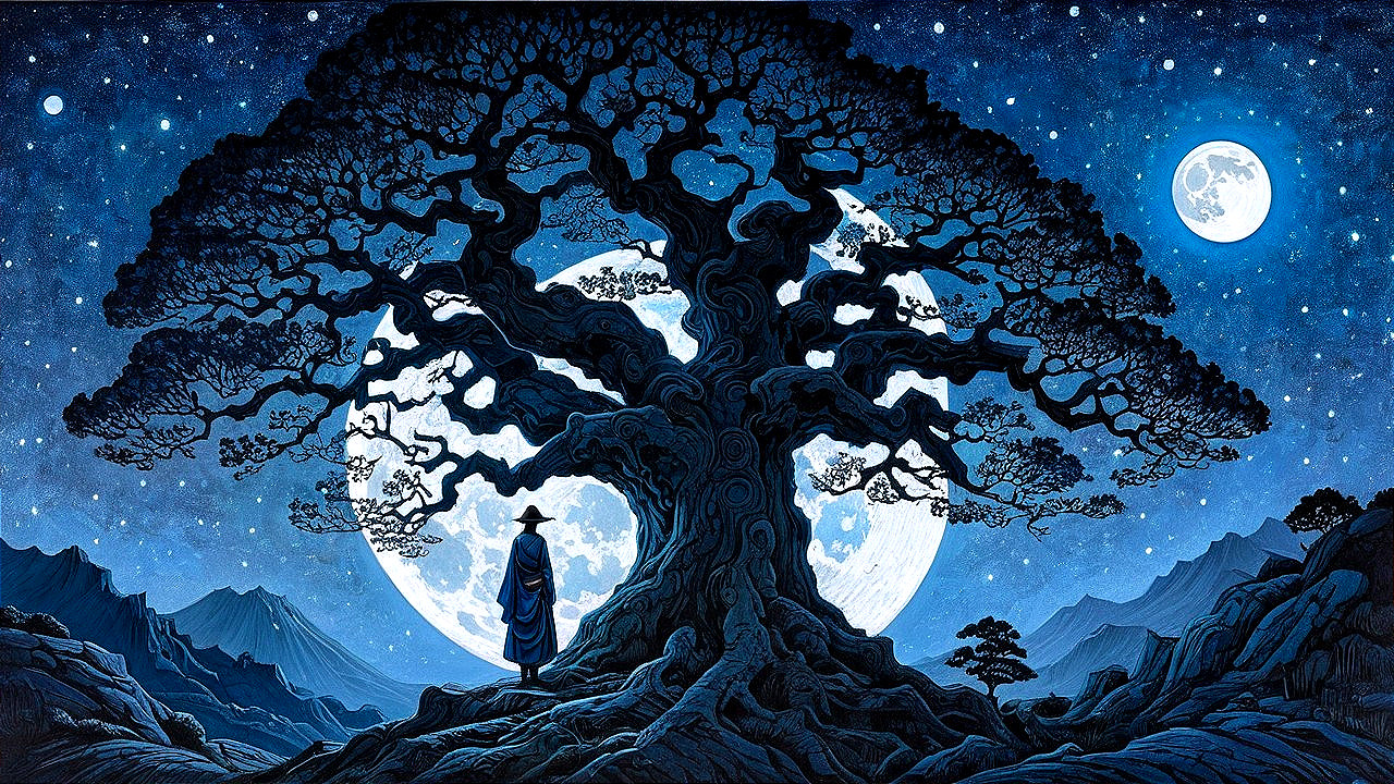 Mystical Landscape Under Starry Night with Ancient Tree