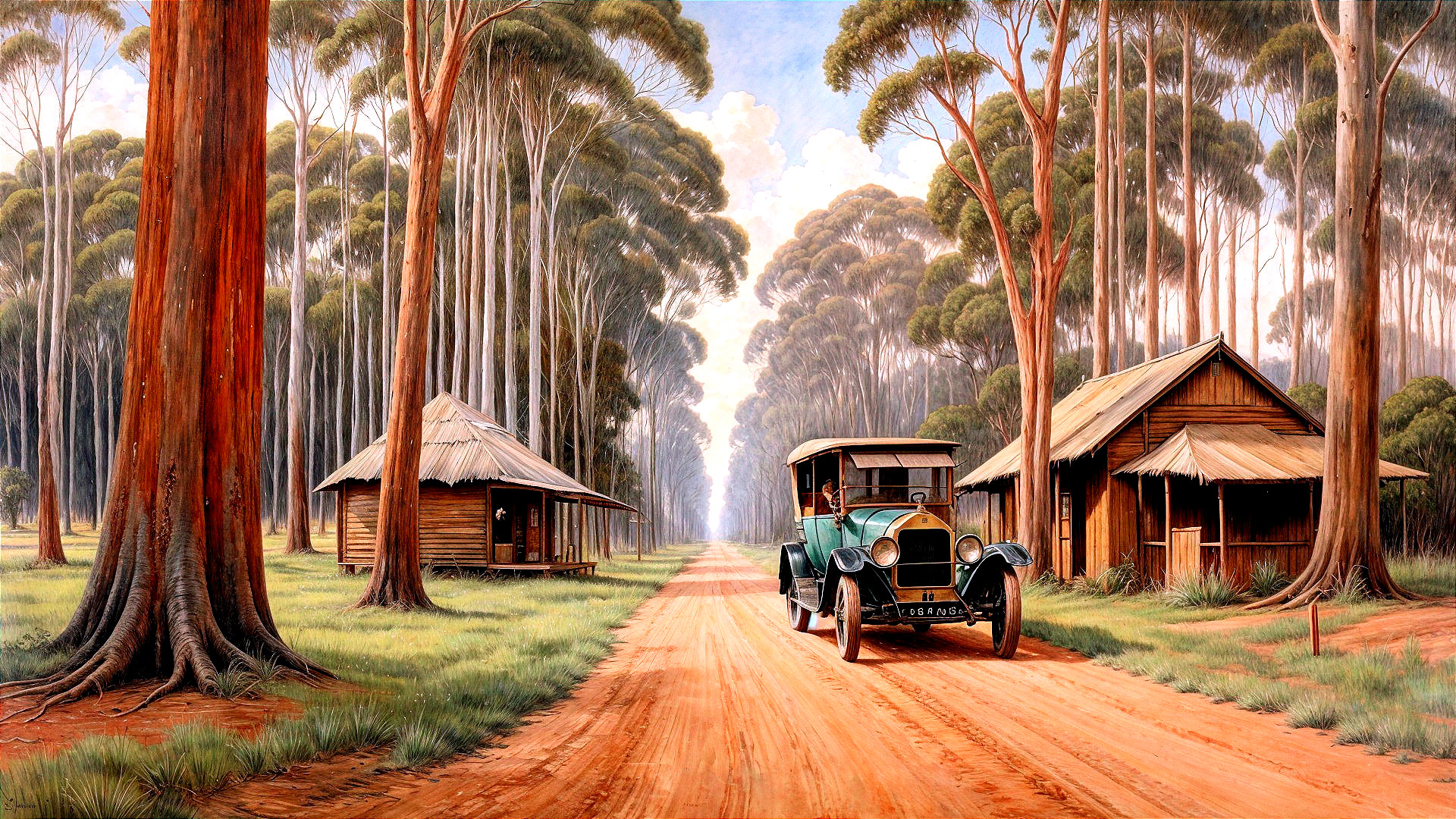 Vintage Car on Dirt Road by Eucalyptus Trees