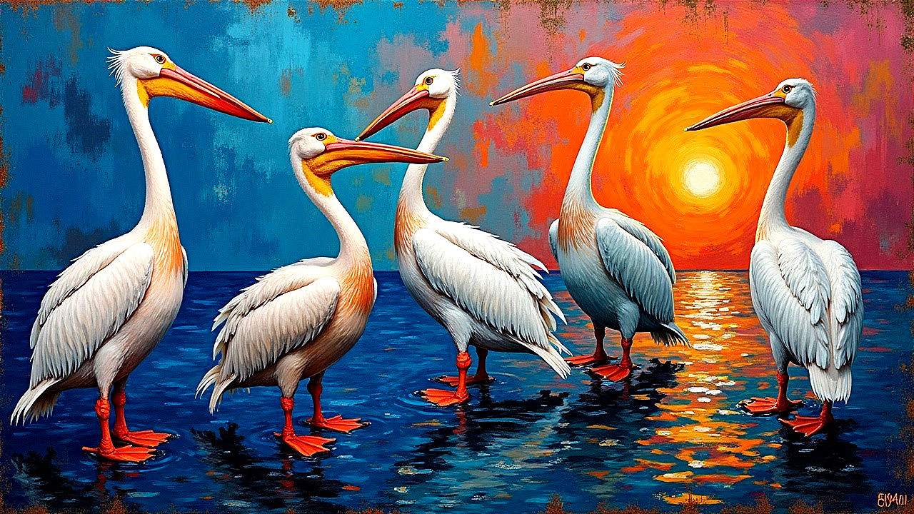 Elegant White Pelicans Against a Sunset Background