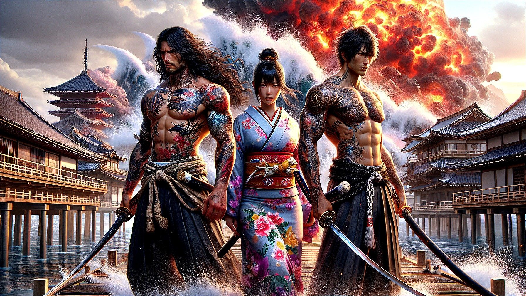 Three Figures on Wooden Pier with Dramatic Background