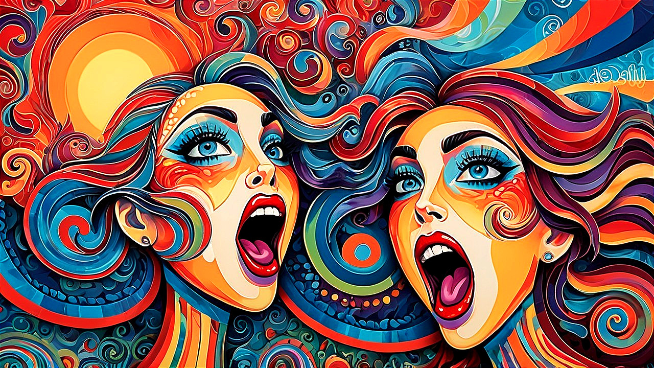 Vibrant Stylized Faces with Colorful Hair and Background