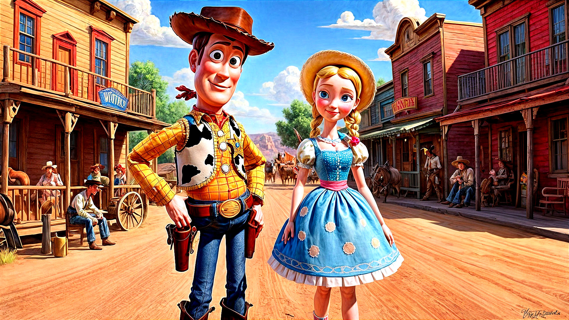 Cowboy Doll and Young Woman in Vibrant Western Town