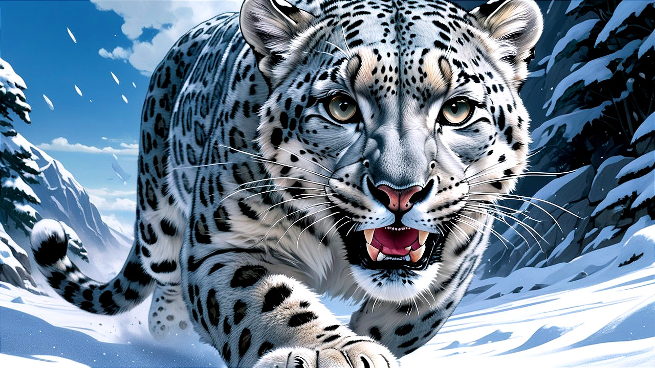 Snow Leopard in a Snowy Landscape with Falling Snowflakes