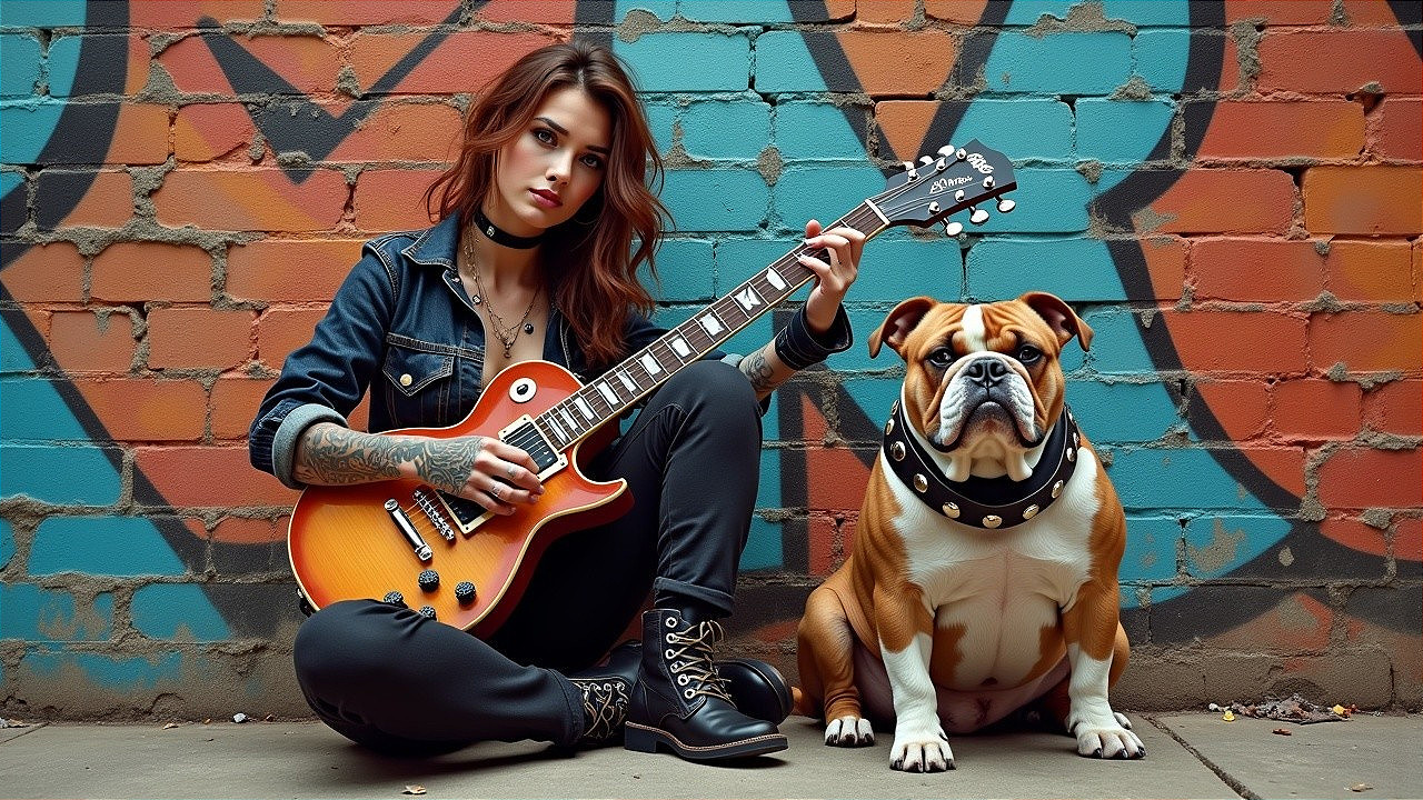 Young Woman with Guitar and Bulldog by Graffiti Wall