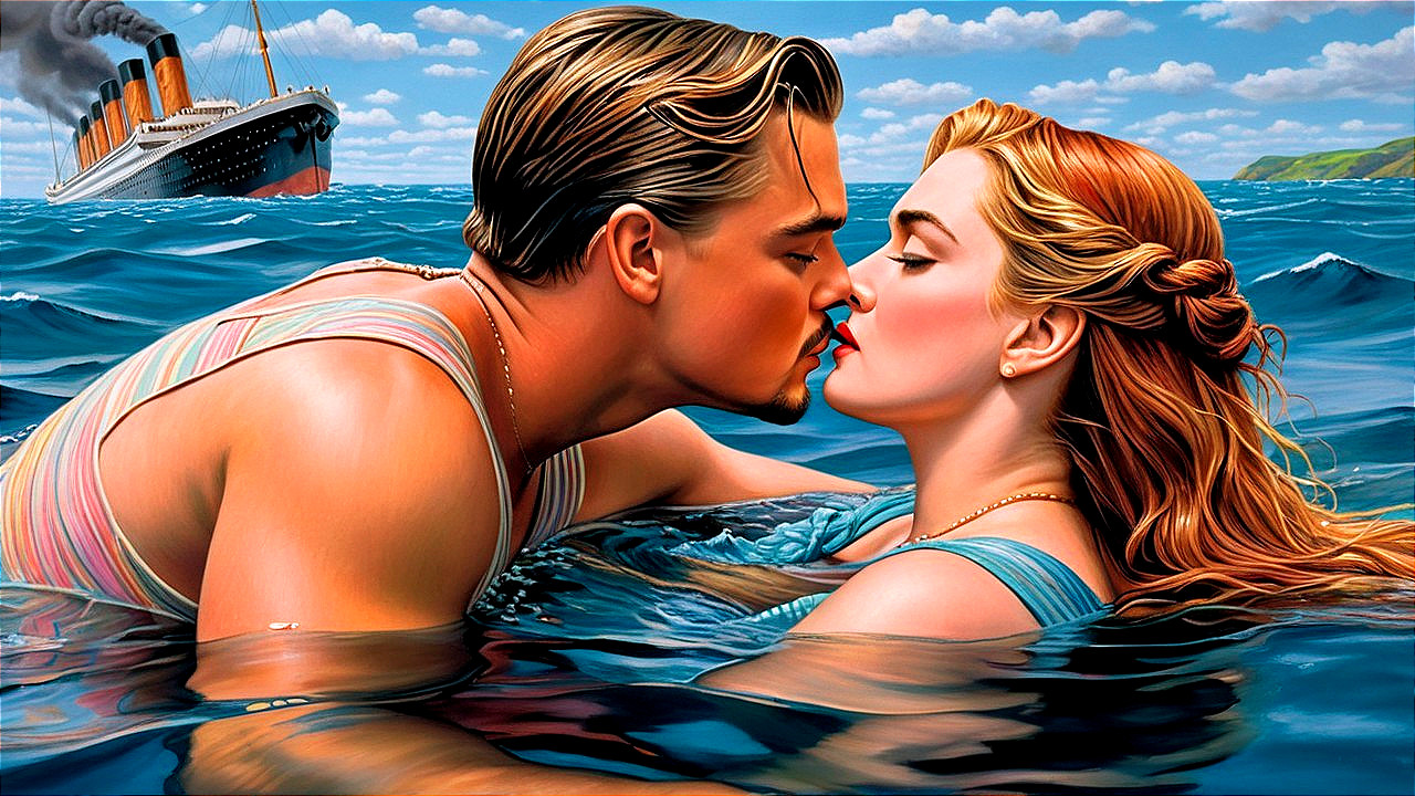 Romantic Ocean Scene with Couple and Titanic Backdrop