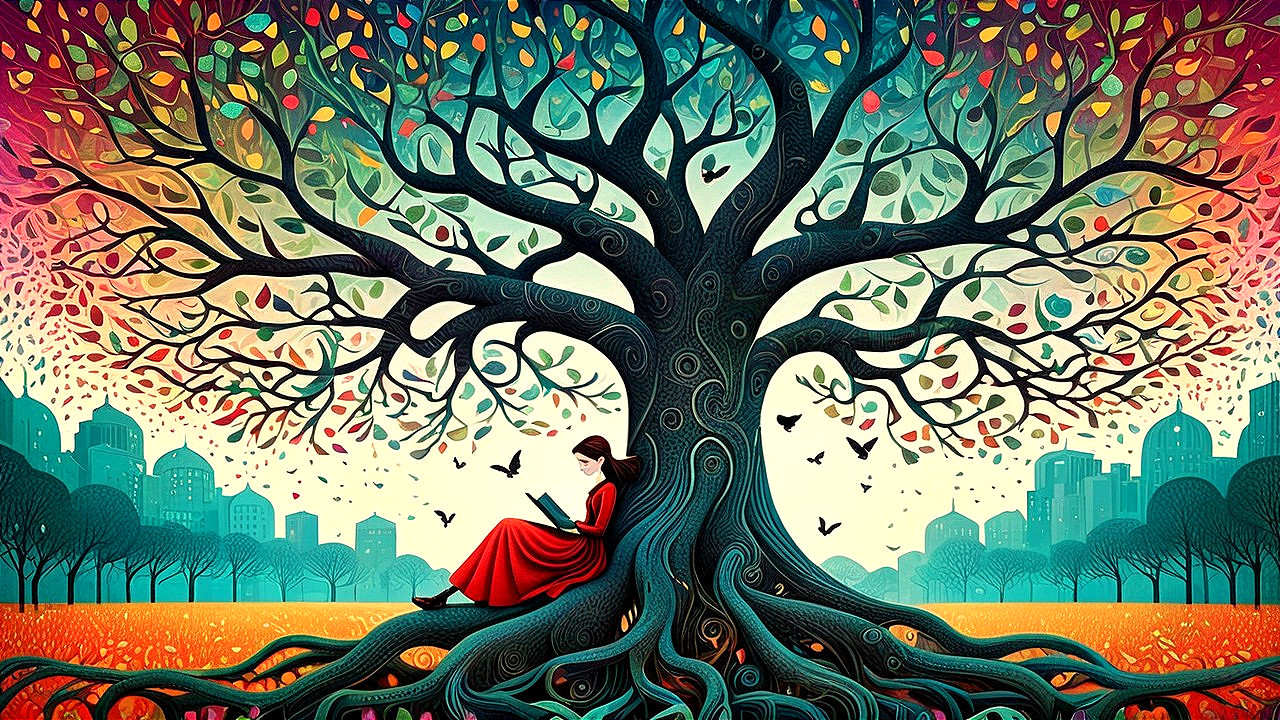 Intricate Tree with Colorful Leaves and Urban Background